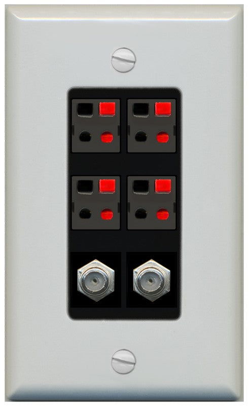 RiteAV 4 Speaker 2 Port Coax Cable TV Wall Plate - 1 Gang Decorative [Gray/Black]