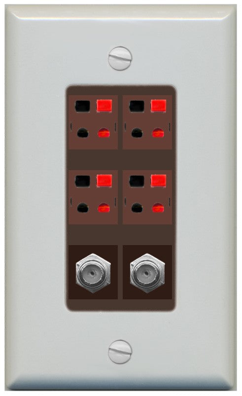 RiteAV 4 Speaker 2 Port Coax Cable TV Wall Plate - 1 Gang Decorative [Gray/Brown]