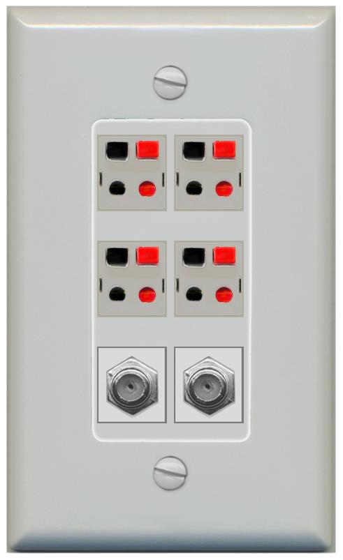 RiteAV 4 Speaker 2 Port Coax Cable TV Wall Plate - 1 Gang [Gray/Gray]