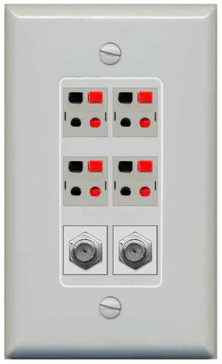 RiteAV 4 Speaker 2 Port Coax Cable TV Wall Plate - 1 Gang [Gray/Gray]