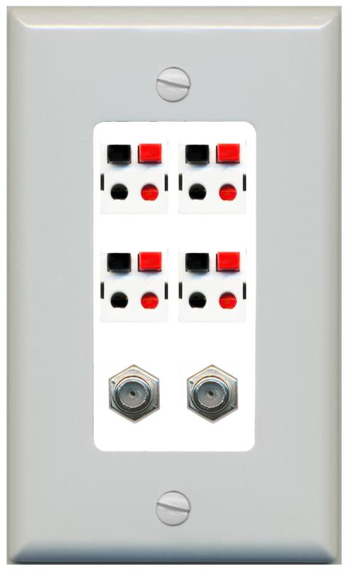 RiteAV 4 Speaker 2 Port Coax Cable TV Wall Plate - 1 Gang [Gray/White]