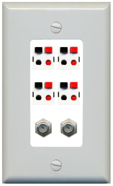 RiteAV 4 Speaker 2 Port Coax Cable TV Wall Plate - 1 Gang [Gray/White]