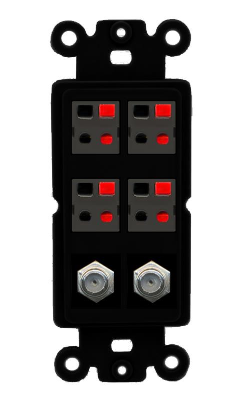 RiteAV 4 Speaker 2 Port Coax Cable TV Wall Plate - Rocker [Black/Black]