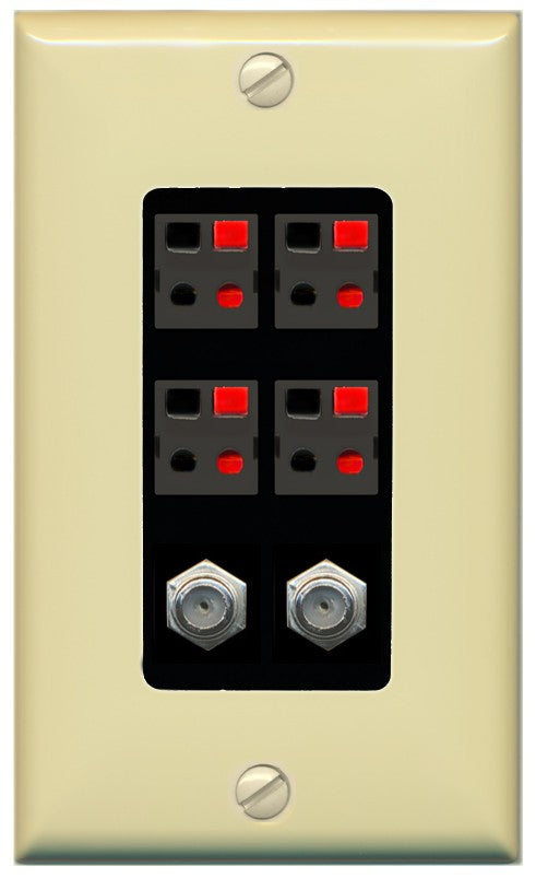 RiteAV 4 Speaker 2 Port Coax Cable TV Wall Plate - 1 Gang Decorative [Ivory/Black]
