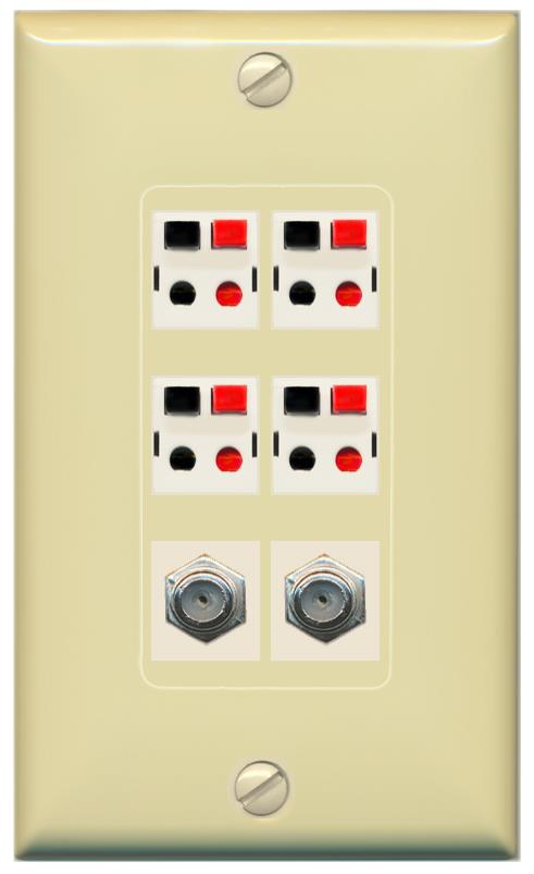 RiteAV 4 Speaker 2 Port Coax Cable TV Wall Plate - 1 Gang [Ivory/Ivory]