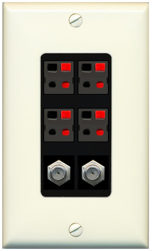 RiteAV 4 Speaker 2 Port Coax Cable TV Wall Plate - 1 Gang Decorative [Light-Almond/Black]
