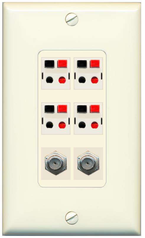 RiteAV 4 Speaker 2 Port Coax Cable TV Wall Plate - 1 Gang [Light-Almond]