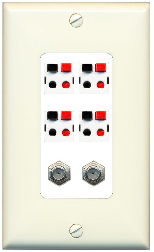 RiteAV 4 Speaker 2 Port Coax Cable TV Wall Plate - 1 Gang Decorative [Light-Almond/White]