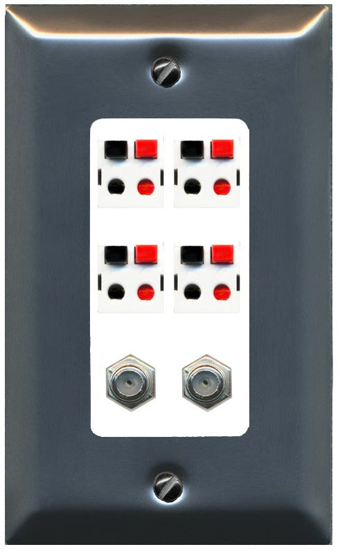 RiteAV 4 Speaker 2 Port Coax Cable TV Wall Plate - 1 Gang Decorative [Brushed-Nickel/White]