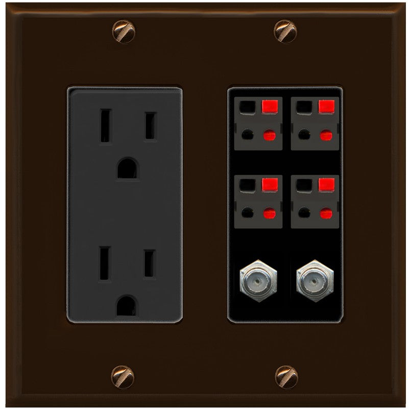 RiteAV 4 Speaker 2 Port Coax Cable TV Wall Plate - Outlet [Brown/Black]