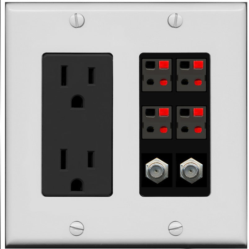 RiteAV 4 Speaker 2 Port Coax Cable TV Wall Plate - Outlet [Gray/Black]