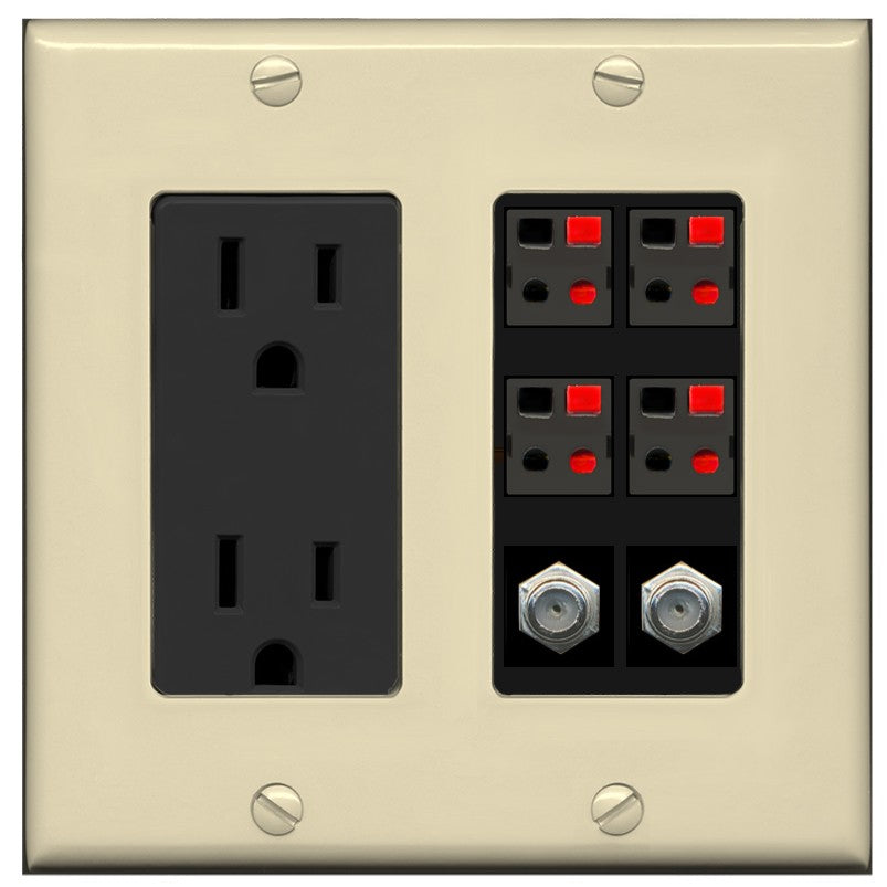 RiteAV 4 Speaker 2 Port Coax Cable TV Wall Plate - Outlet [Ivory/Black]
