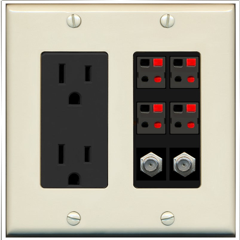 RiteAV 4 Speaker 2 Port Coax Cable TV Wall Plate - Outlet [Light-Almond/Black]