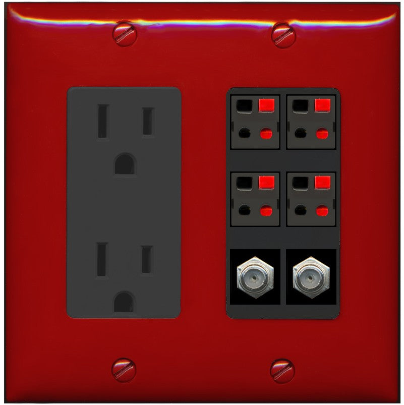 RiteAV 4 Speaker 2 Port Coax Cable TV Wall Plate - Outlet [Red/Black]