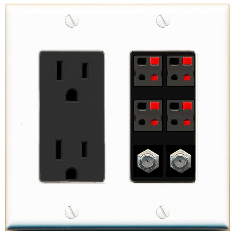 RiteAV 4 Speaker 2 Port Coax Cable TV Wall Plate - Outlet [White/Black]