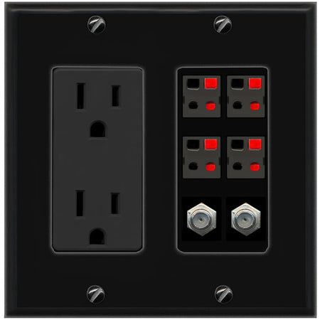 RiteAV 4 Speaker 2 Port Coax Cable TV Wall Plate - Outlet [Black/Black]