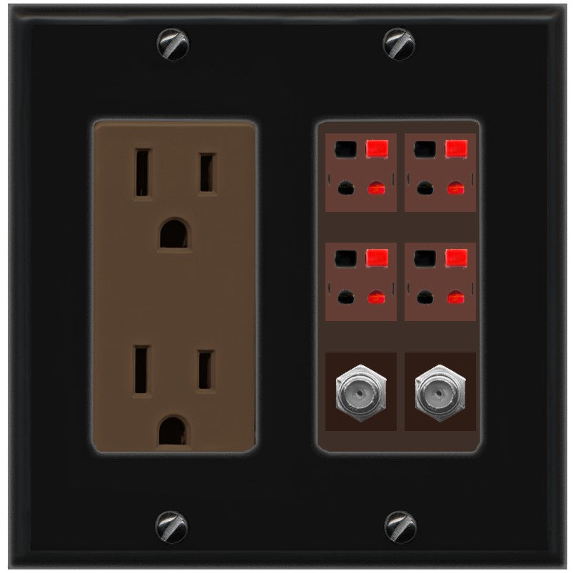 RiteAV 4 Speaker 2 Port Coax Cable TV Wall Plate - Outlet [Black/Brown]