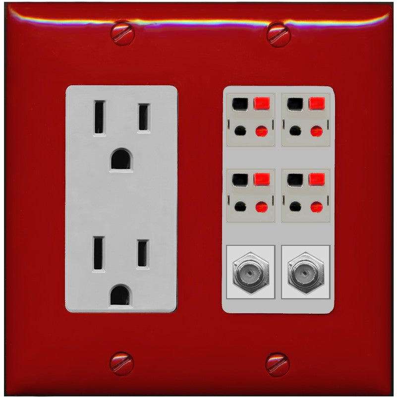 RiteAV 4 Speaker 2 Port Coax Cable TV Wall Plate - Outlet [Red/Gray]