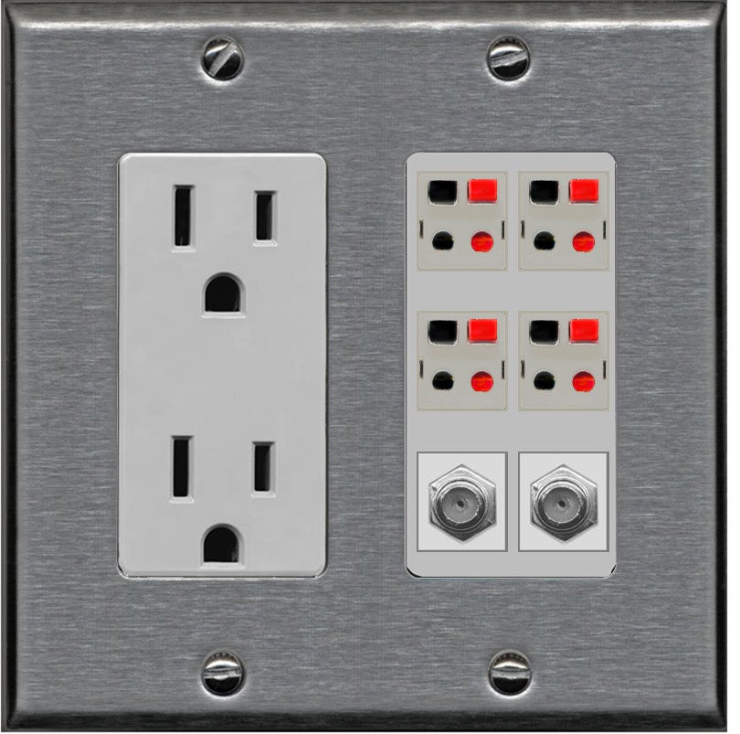 RiteAV 4 Speaker 2 Port Coax Cable TV Wall Plate - Outlet [Stainless/Gray]