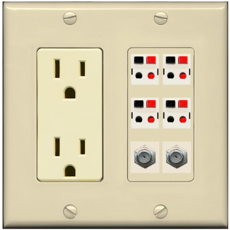 RiteAV 4 Speaker 2 Port Coax Cable TV Wall Plate - Outlet [Ivory/Ivory]