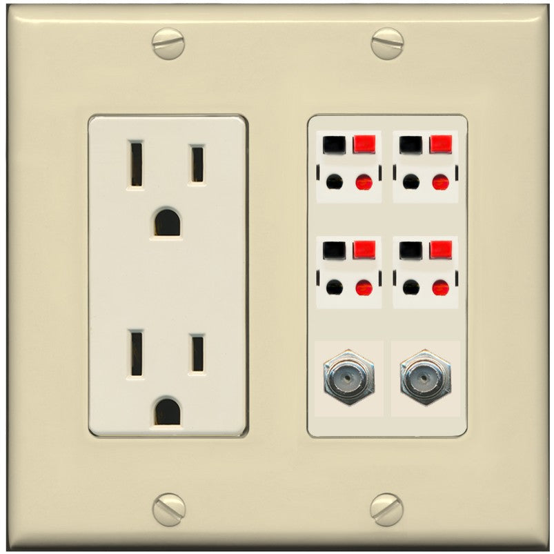 RiteAV 4 Speaker 2 Port Coax Cable TV Wall Plate - Outlet [Ivory/Light-Almond]