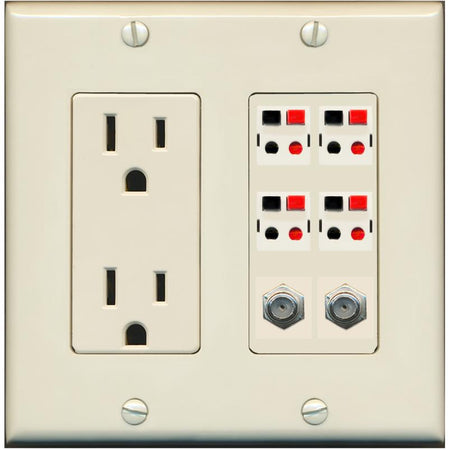 RiteAV 4 Speaker 2 Port Coax Cable TV Wall Plate - Outlet [Light-Almond]