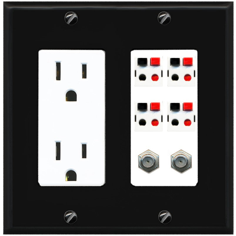 RiteAV 4 Speaker 2 Port Coax Cable TV Wall Plate - Outlet [Black/White]