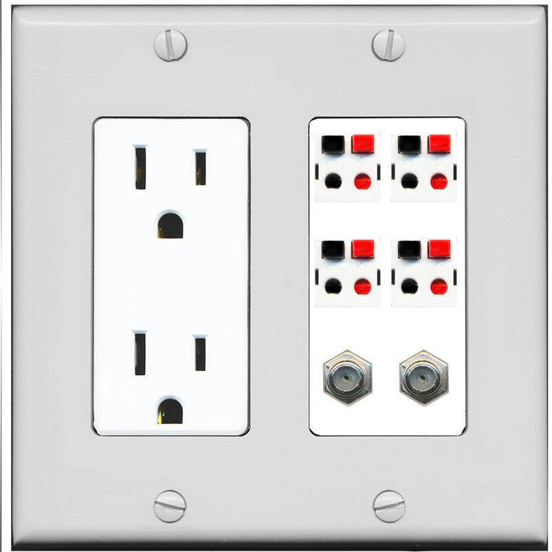 RiteAV 4 Speaker 2 Port Coax Cable TV Wall Plate - Outlet [Gray/White]