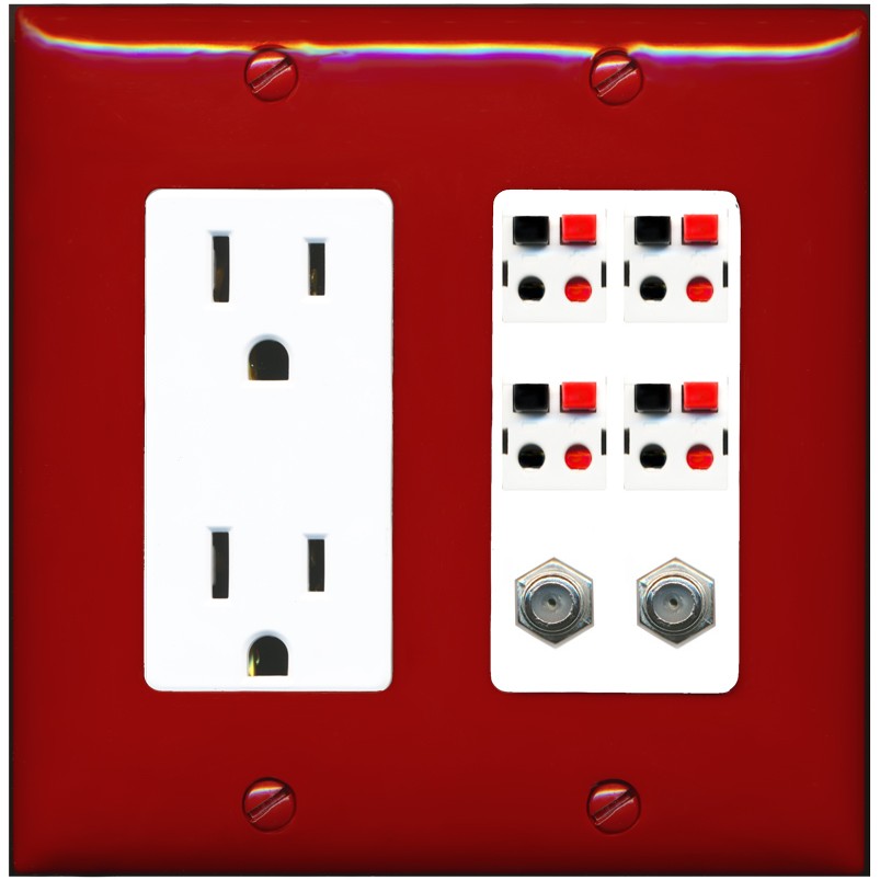 RiteAV 4 Speaker 2 Port Coax Cable TV Wall Plate - Outlet [Red/White]