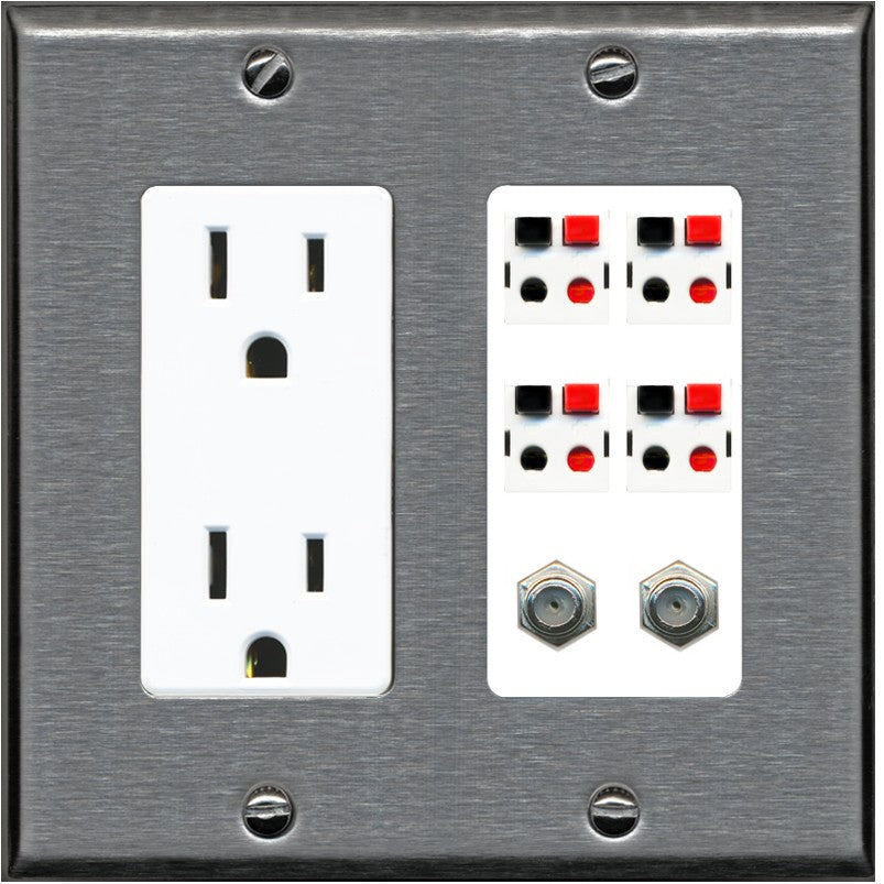 RiteAV 4 Speaker 2 Port Coax Cable TV Wall Plate - Outlet [Stainless/White]