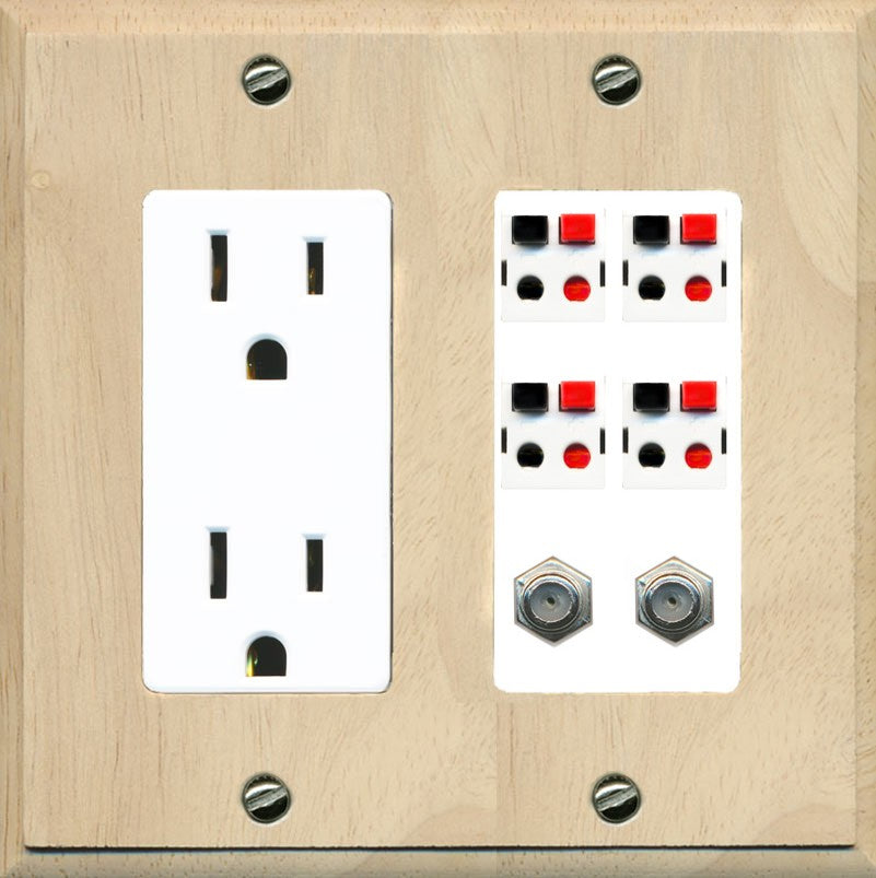 RiteAV 4 Speaker 2 Port Coax Cable TV Wall Plate - Outlet [Wood/White]