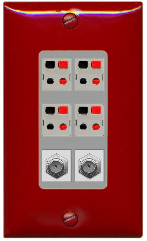 RiteAV 4 Speaker 2 Port Coax Cable TV Wall Plate - 1 Gang Decorative [Red/Gray]