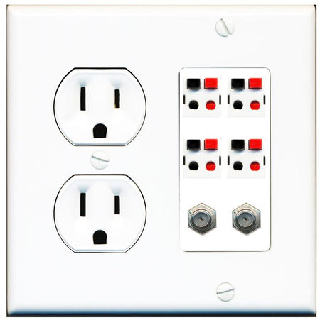 RiteAV 4 Speaker 2 Port Coax Cable TV Wall Plate - Round Outlet [White]