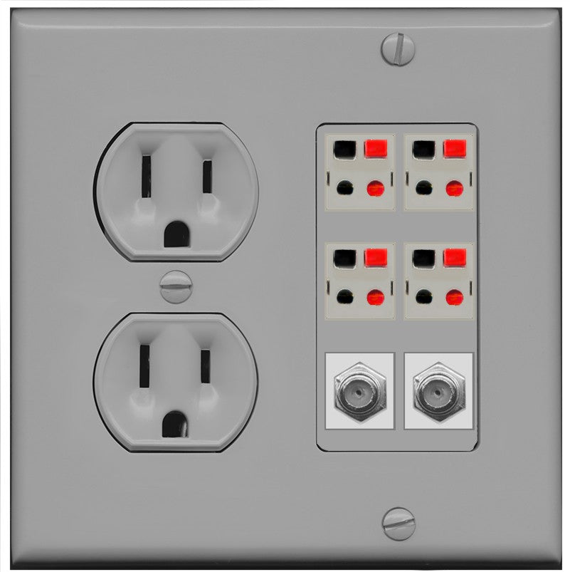 RiteAV 4 Speaker 2 Port Coax Cable TV Wall Plate - Round Outlet [Gray/Gray]