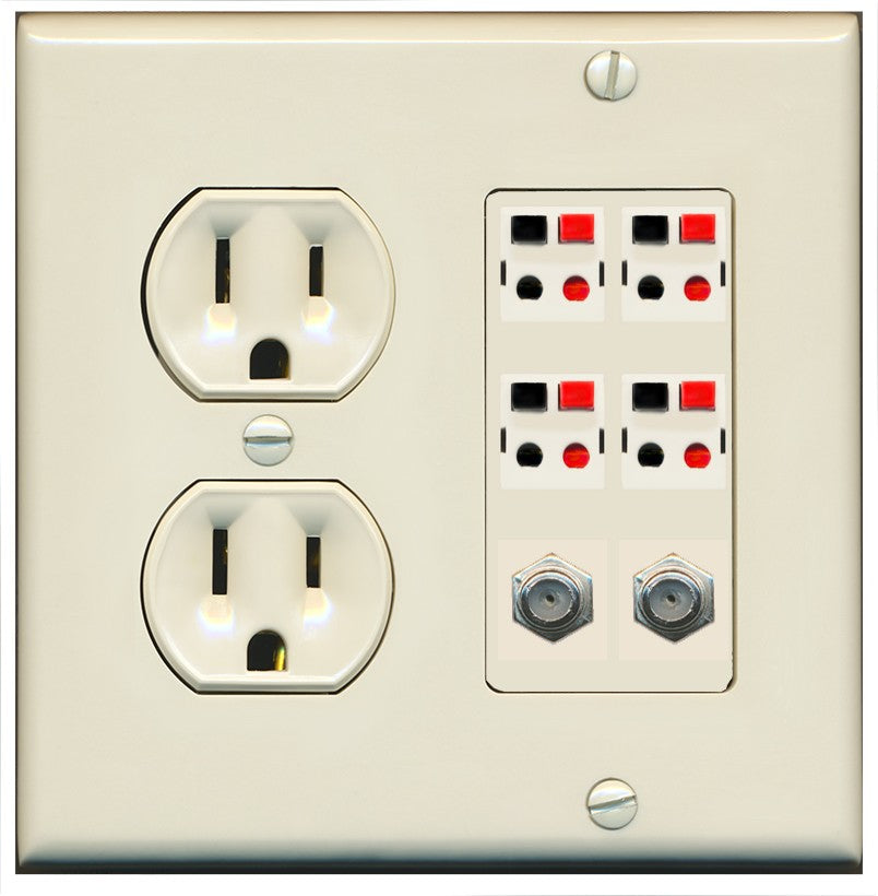 RiteAV 4 Speaker 2 Port Coax Cable TV Wall Plate - Round Outlet [Light-Almond]