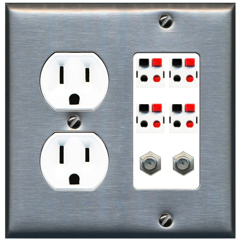 RiteAV 4 Speaker 2 Port Coax Cable TV Wall Plate - Round Outlet [Stainless/White]