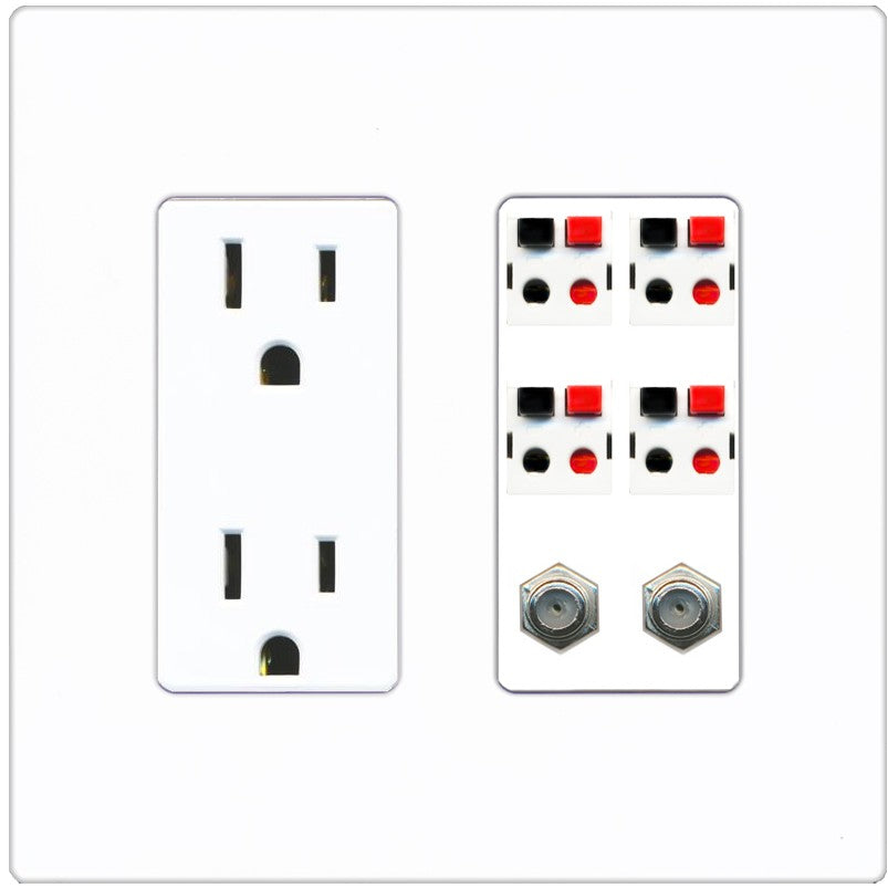 RiteAV 4 Speaker 2 Port Coax Cable TV Wall Plate - Outlet [Screwless White]
