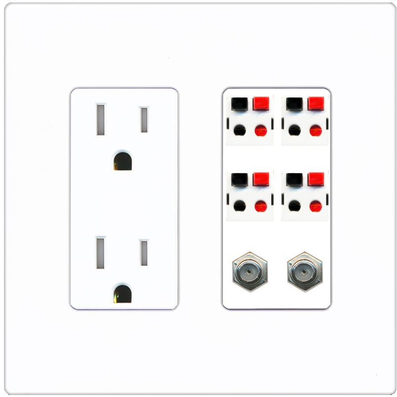 RiteAV 4 Speaker 2 Port Coax Cable TV Wall Plate - Tamper-Resistant Outlet [Screwless White]