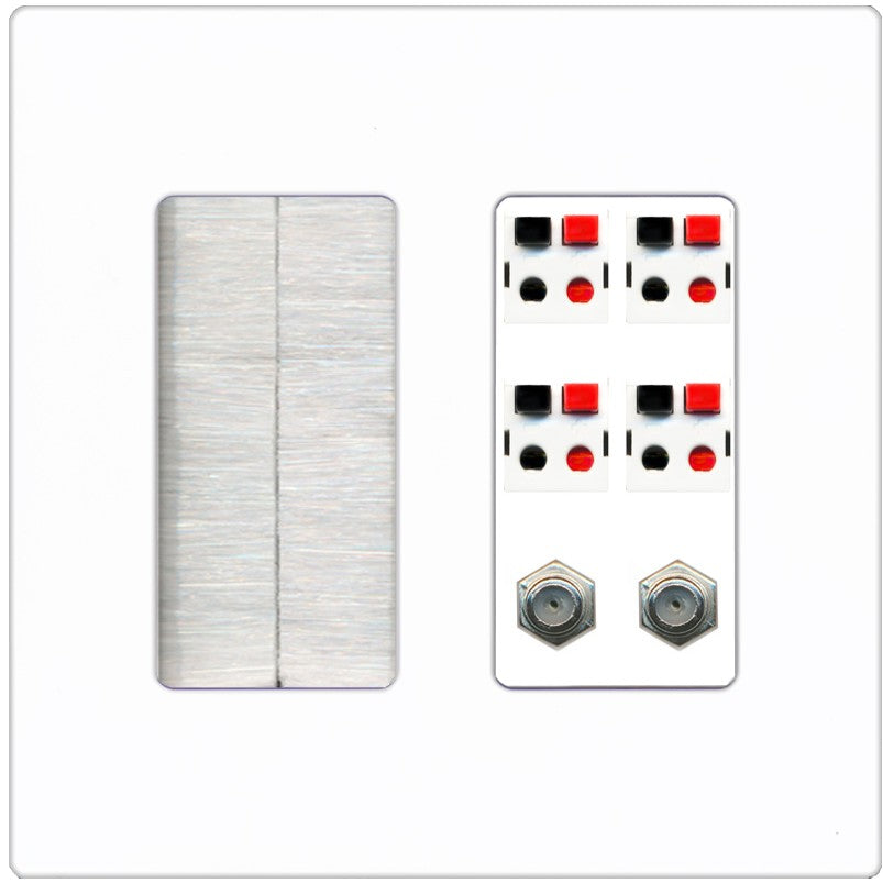 RiteAV 4 Speaker 2 Port Coax Cable TV Wall Plate - Brush [Screwless White]