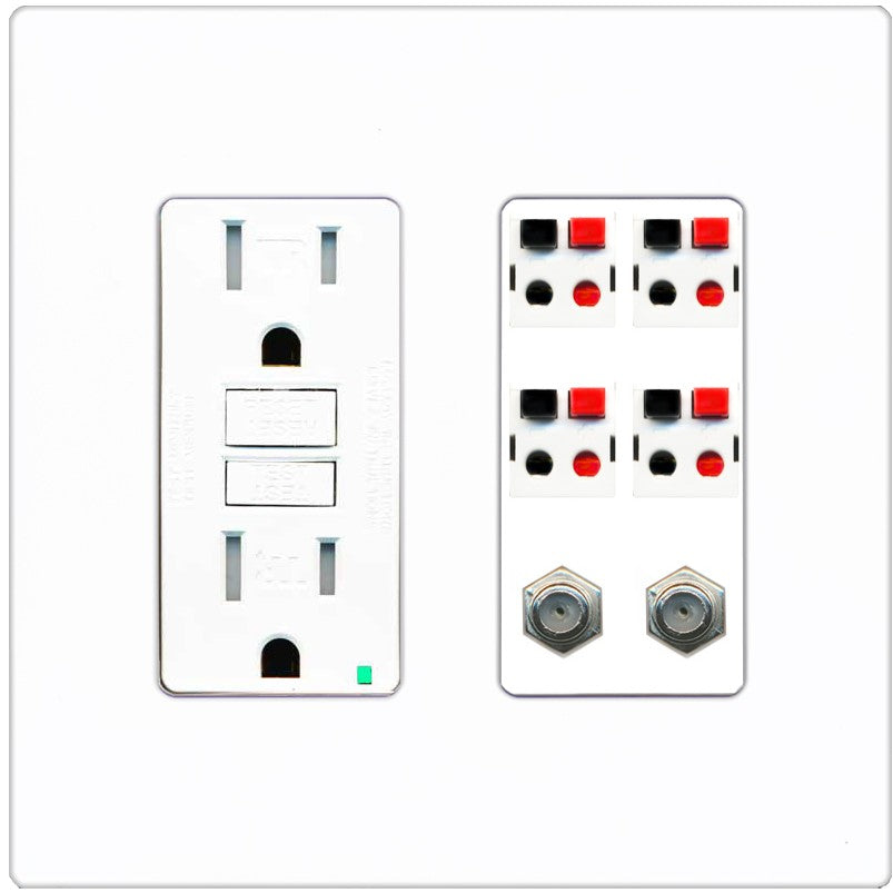 RiteAV 4 Speaker 2 Port Coax Cable TV Wall Plate - GFCI Outlet [Screwless White]