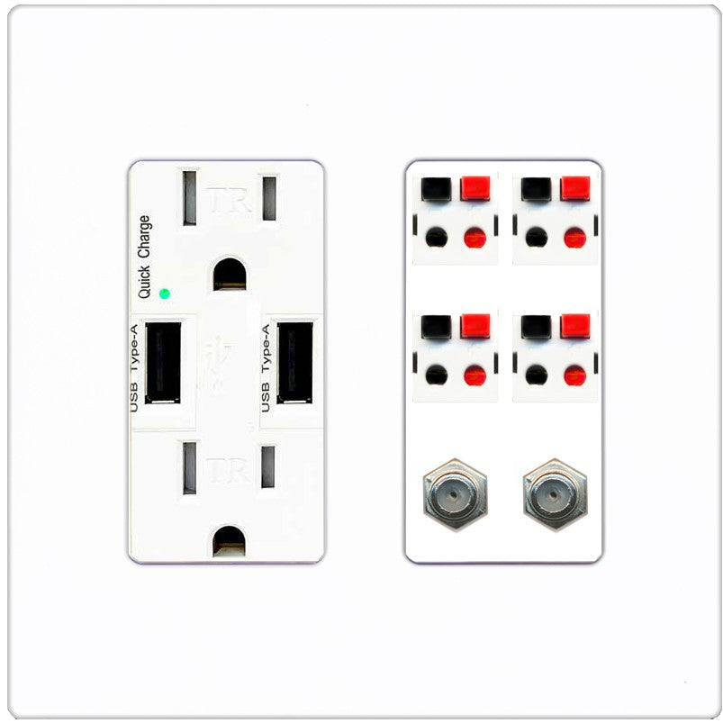 RiteAV 4 Speaker 2 Port Coax Cable TV Wall Plate - USB Outlet [Screwless White]