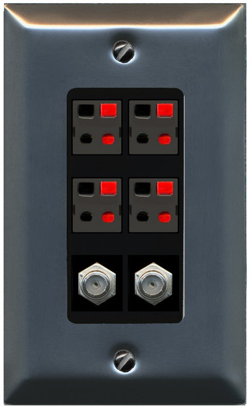 RiteAV 4 Speaker 2 Port Coax Cable TV Wall Plate - 1 Gang Decorative [Stainless/Black]