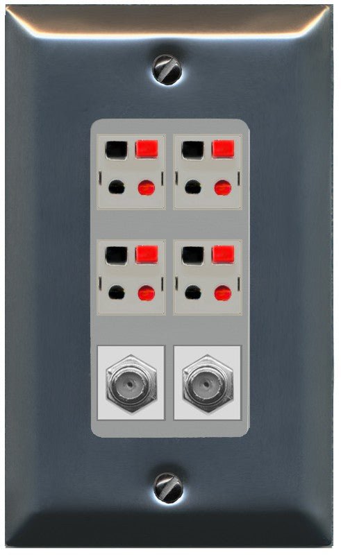 RiteAV 4 Speaker 2 Port Coax Cable TV Wall Plate - 1 Gang Decorative [Stainless/Gray]