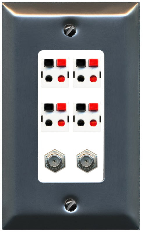 RiteAV 4 Speaker 2 Port Coax Cable TV Wall Plate - 1 Gang Decorative [Stainless/White]