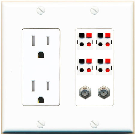 RiteAV 4 Speaker 2 Port Coax Cable TV Wall Plate - Tamper-Res [White]