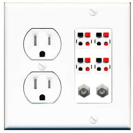 RiteAV 4 Speaker 2 Port Coax Cable TV Wall Plate - Tamper Proof [White]