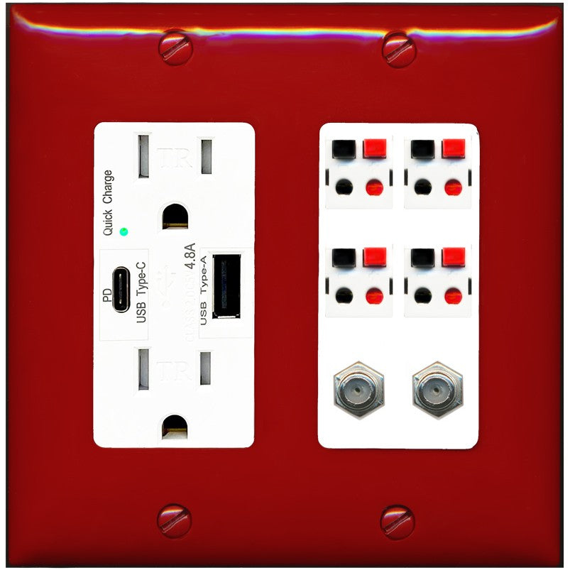 RiteAV 4 Speaker 2 Port Coax Cable TV Wall Plate - USB A+C Outlet [Red/White]