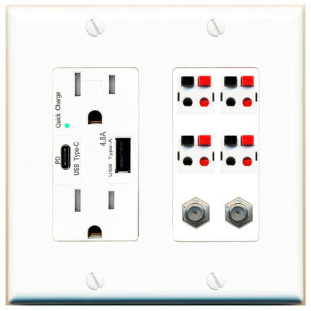 RiteAV 4 Speaker 2 Port Coax Cable TV Wall Plate - USB AC Charger [White]