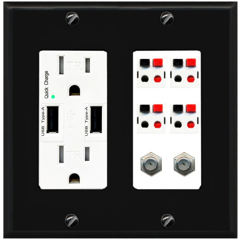 RiteAV 4 Speaker 2 Port Coax Cable TV Wall Plate - USB Outlet [Black/White]
