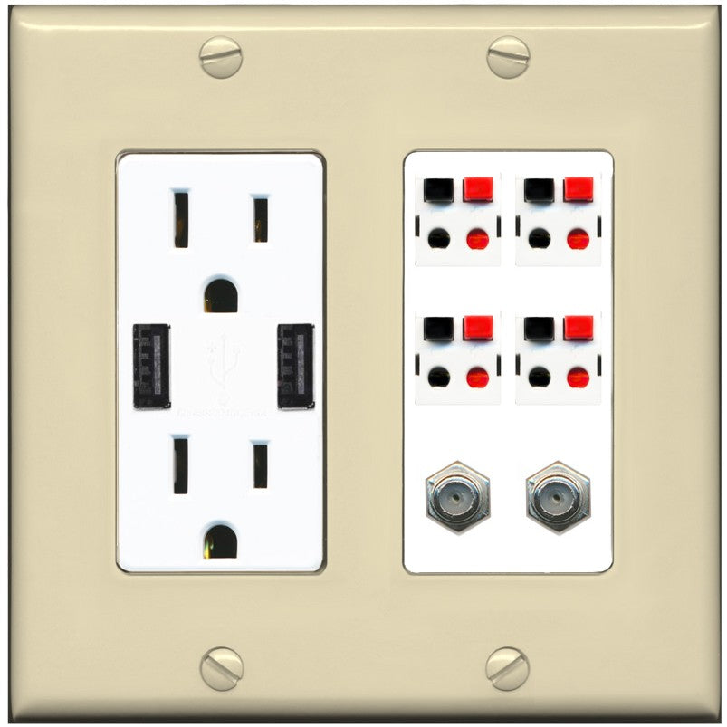 RiteAV 4 Speaker 2 Port Coax Cable TV Wall Plate - USB Outlet [Ivory/White]